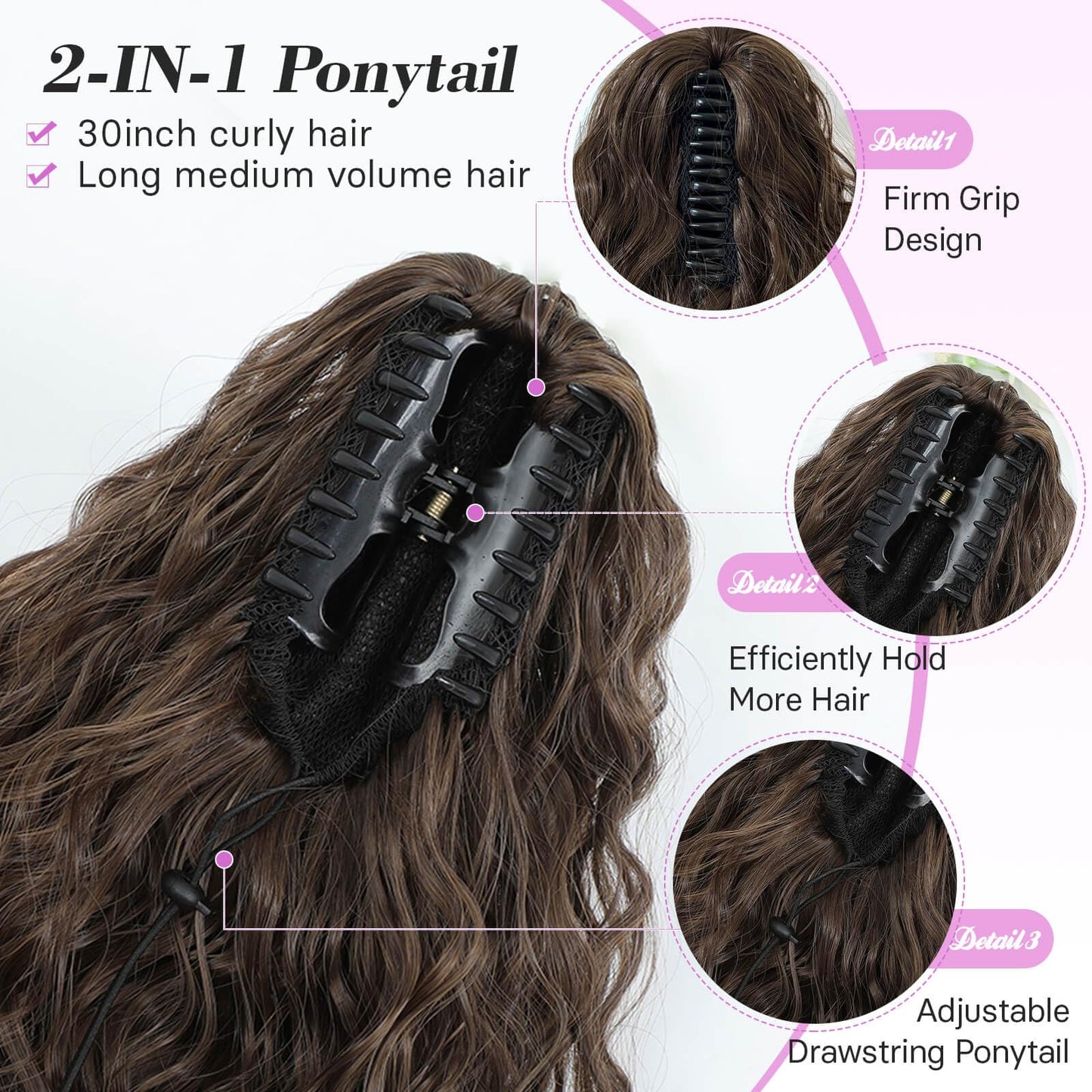Marjorie Ponytail Extension 30 Inch Long Medium Brown Curly Claw Pony Tails Hair Extensions Fluffy Natural Looking Curly Wavy Ponytail Multi-layered Design Wavy Synthetic Hairpiece for Daily Use