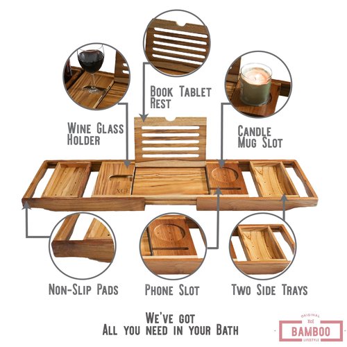 XcE Teak Bathtub Tray Expandable to 105cm with Solid Book Stand and Soap Tray, Teak
