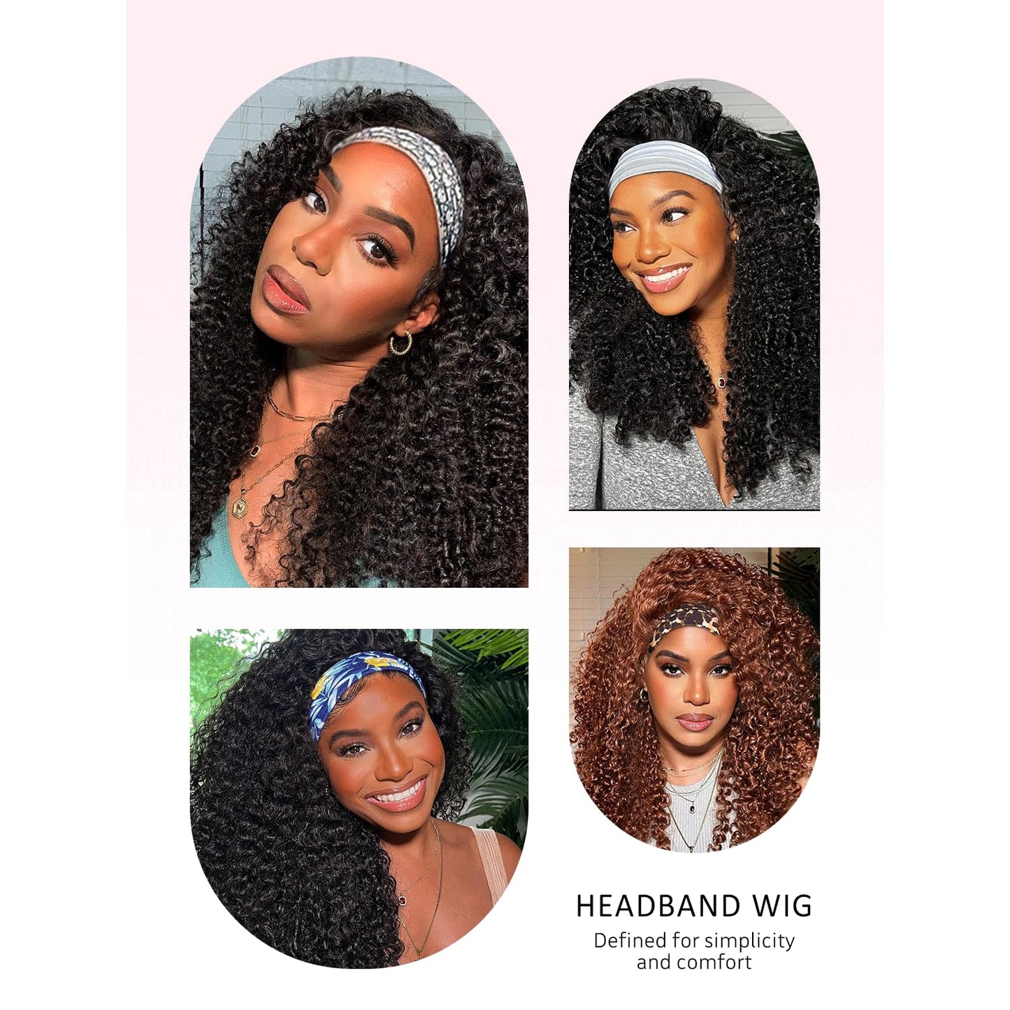 Woman's Romance Headband Wig Human Hair Wigs Kinky Curly Headband Wigs for Black Women Glueless Human hair Wig None Lace Front Wigs 180% Density Wear and Go Wig Natural Black Headband Wigs (28in)