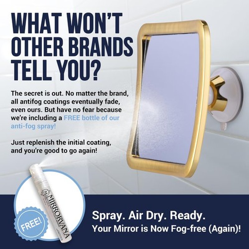MIRRORVANA Fogless Shower Mirror for Shaving with Improved Suction and 360° Swivel - Unbreakable Fog Free Mirror for Men and Women - 6.3" x 6.3" (Gold)