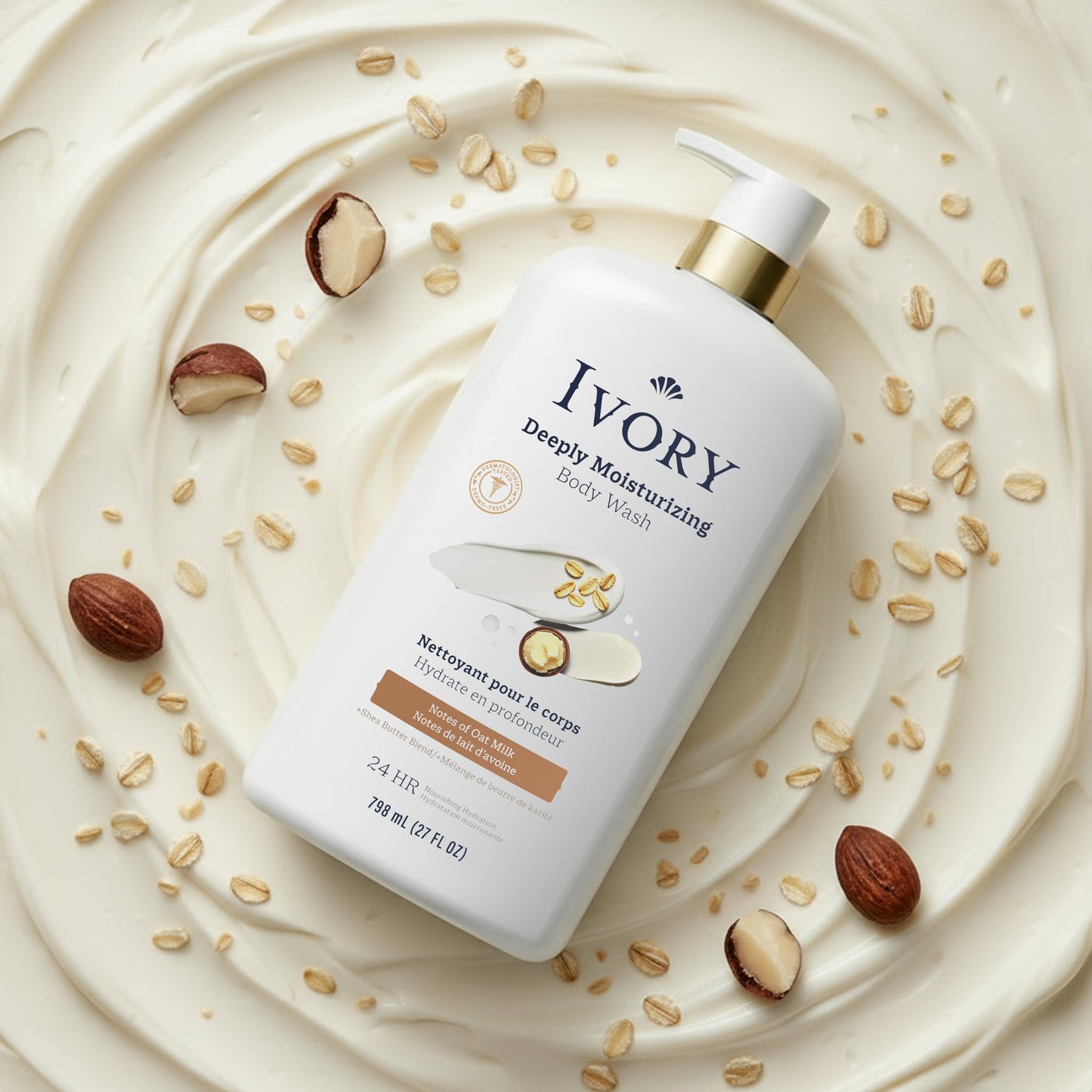 Ivory Body Wash, Deeply Moisturizing, 24hr Nourishing Hydration, Soothes Itchy Dry Skin, Made with Shea Butter Blend, Free of Dyes Heavy Perfumes Parabens & Phthalates, Oatmilk Scent, 27 oz