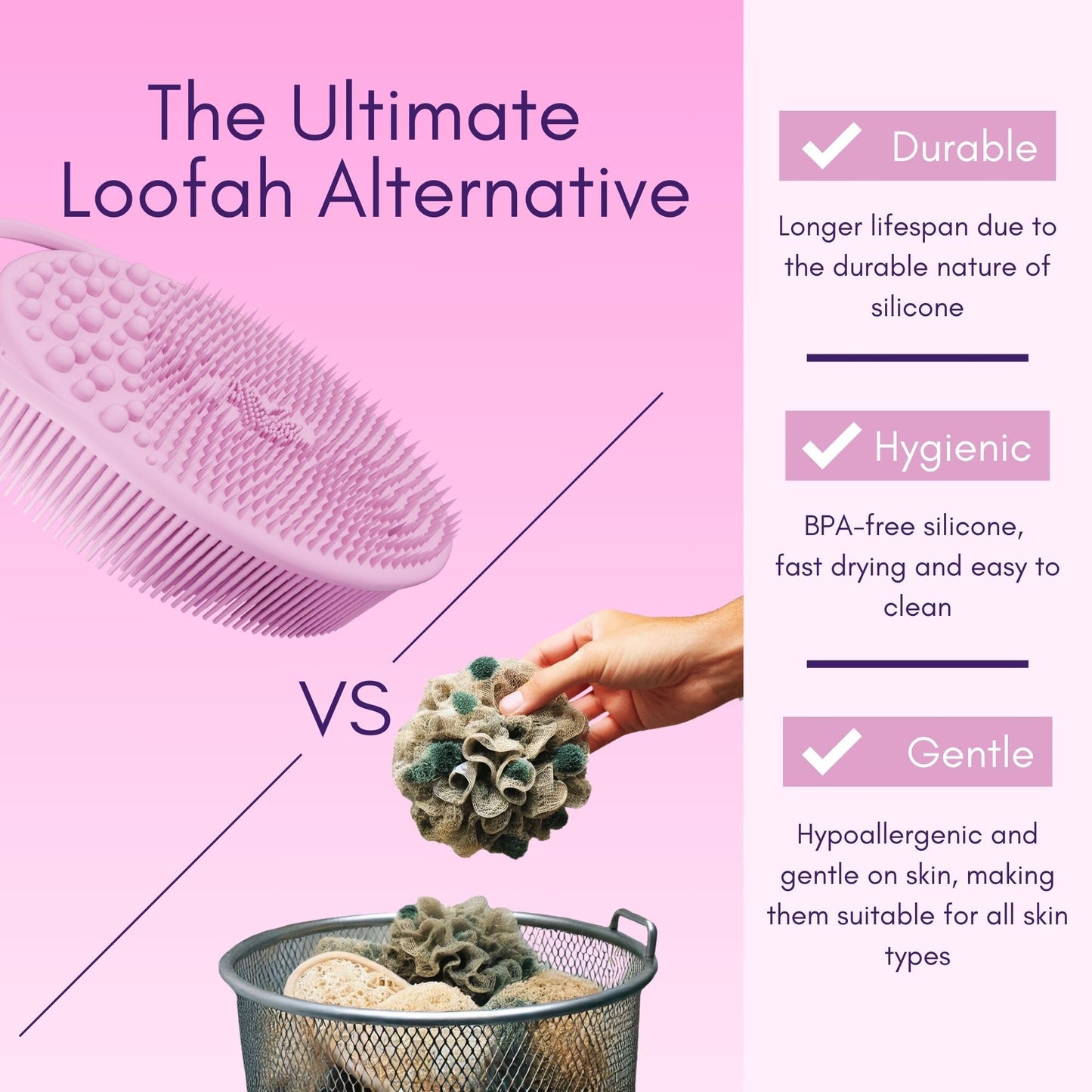 Avilana Silicone Exfoliating Body Scrubber – Dual-Sided Silicone Loofah for Shower, Body Scrubber for Men & Women, Gentle Loofa Alternative, Easy-to-Clean Silicone Body Scrubber (S2-Pink)
