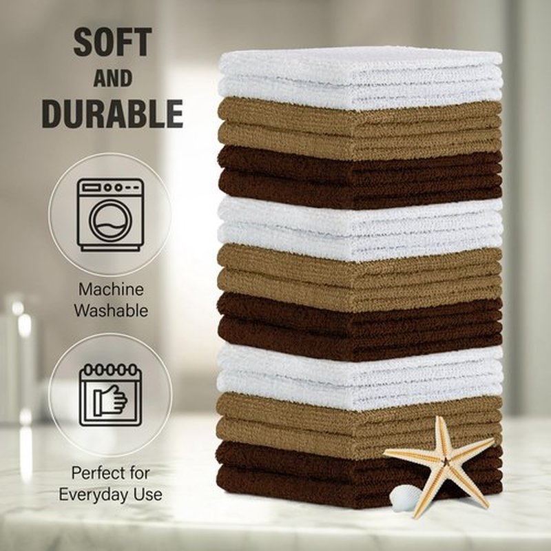 DecorRack 18 Pack 100% Cotton Wash Cloths, Ultra Soft, 11 x 11 inch Ultra Absorbant, Machine Washable Premium Washcloths, Cappuccino (18 Pack)