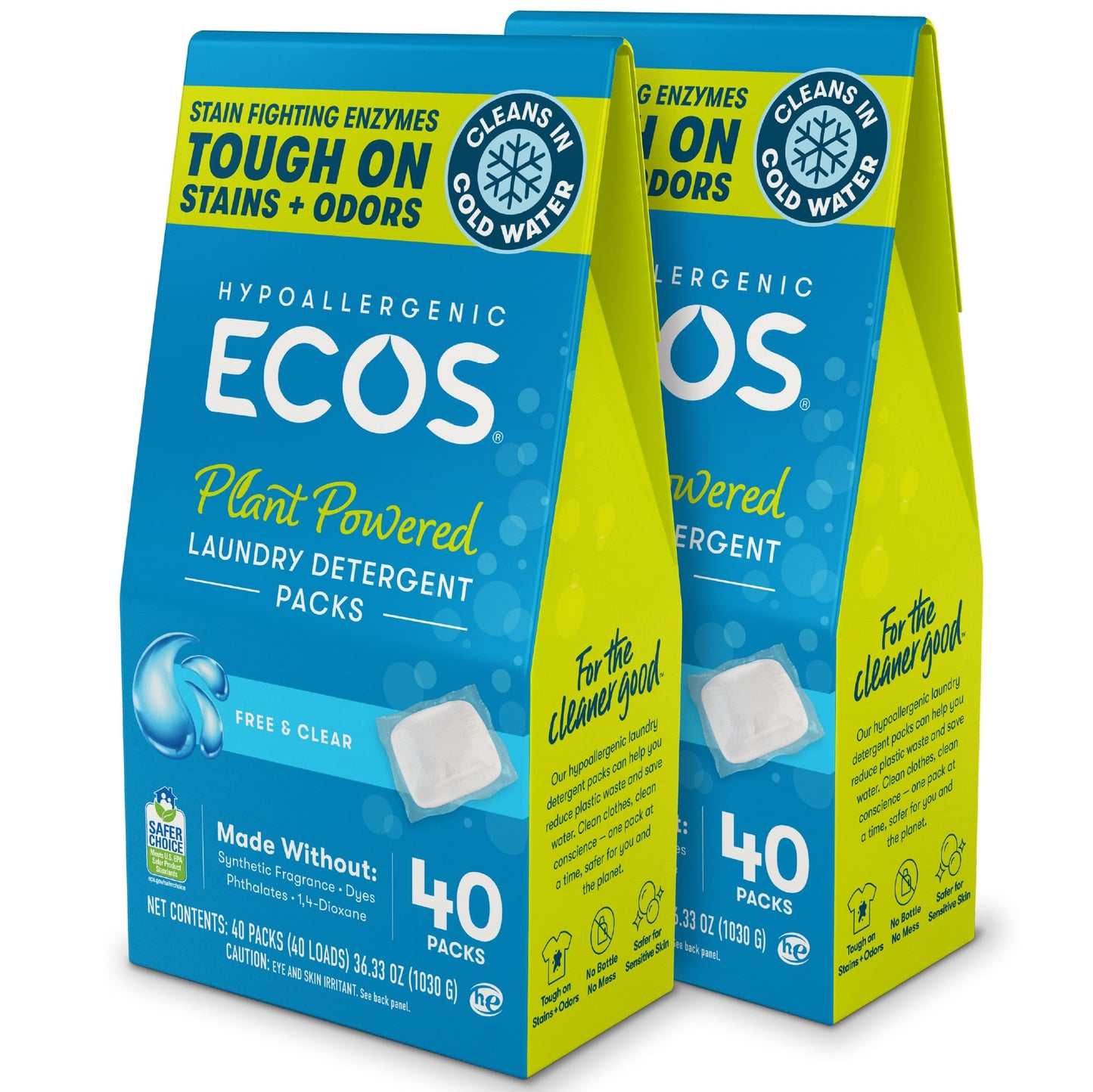 ECOS Laundry Detergent Packs, 80 Loads - 100% Plastic Free Packaging - Convenient No Mess Washing Soap Packs - Hypoallergenic for Sensitive Skin - Free & Clear