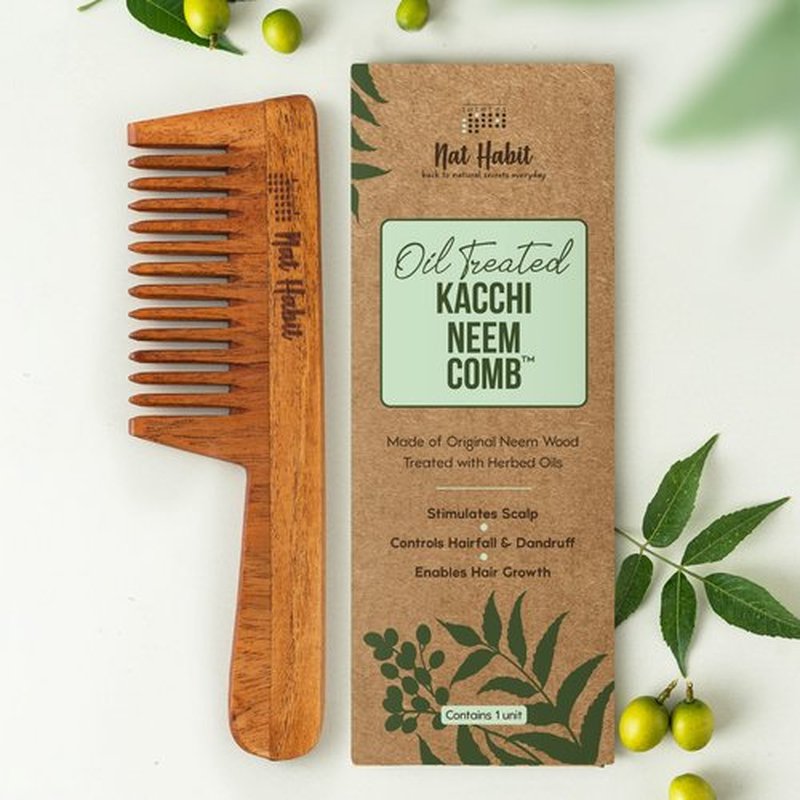 Nat Habit - Everyday Wide Tooth Wooden Kacchi Neem Comb & Hibiscus Hair Oil, With Castor, Coconut & Amla (Combo Pack Of 2)