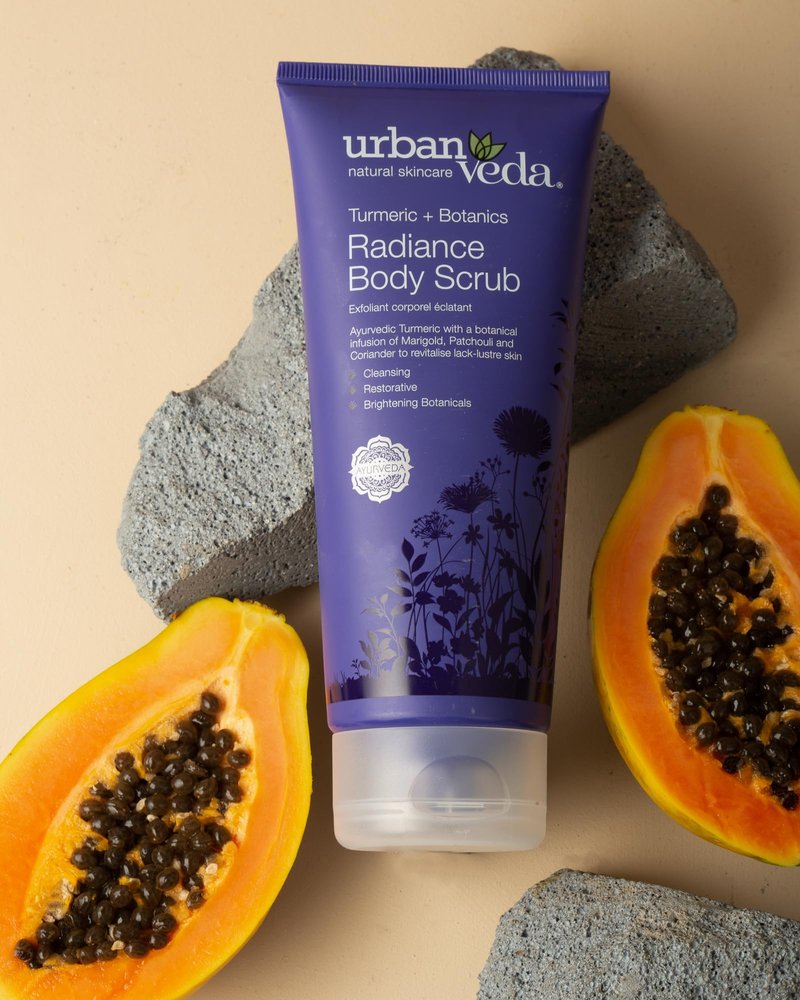Urban Veda Exfoliating Body Scrub | Brightening Body Scrub for Dry Skin | Pumice & Turmeric | Natural Body Scrub Exfoliator for Men and Women | 6.7 Fl oz