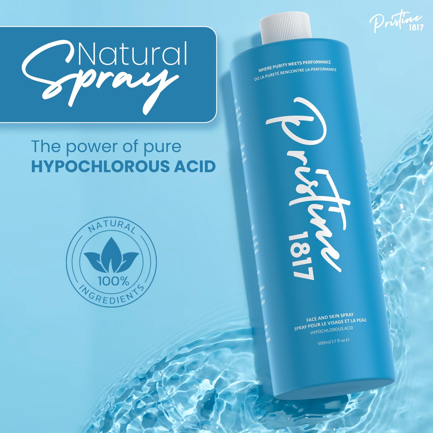 Pristine 1817 Hypochlorous Acid Spray 0.016% 1L (33.8 fl oz) - Gentle, Versatile Mist for Face & Body