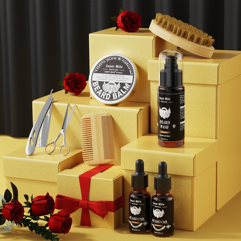 Isner Mile Dad Gifts Fathers Day Husband: from Wife Daughter, Beard Grooming Kit for Men with Beard Oil Balm Wash Brush Comb & Straight Razor, Stocking Stuffers Birthday Gifts for Men Him Boyfriend