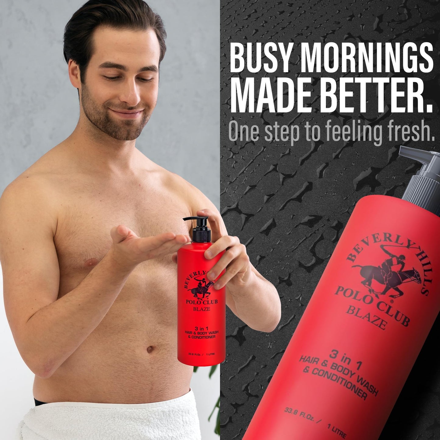 Beverly Hills Polo Club Men's 3-in-1 Shampoo Conditioner Body Wash | Blaze Scent | Premium All-Day Freshness & Invigorating Luxury Grooming | Large 33.8 fl oz Bottle