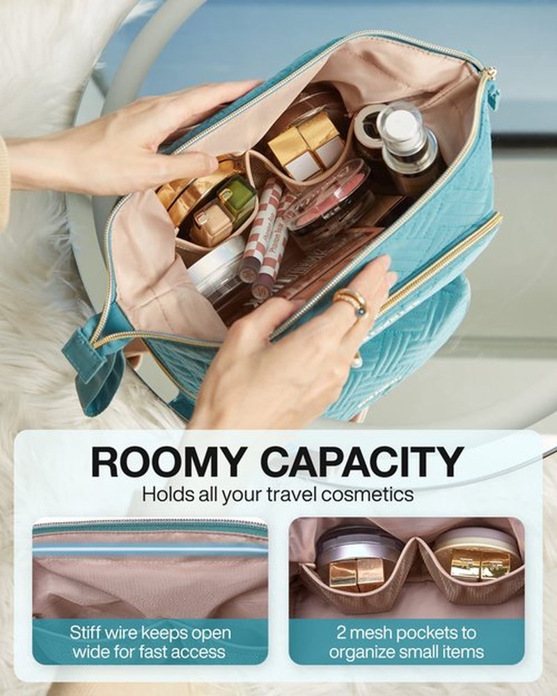 BAGSMART Travel Makeup Bag, Cosmetic Bag Make Up Organizer Case, Large Wide-open Pouch for Women Double Layers Purse for Toiletries Accessories Brushes Teal