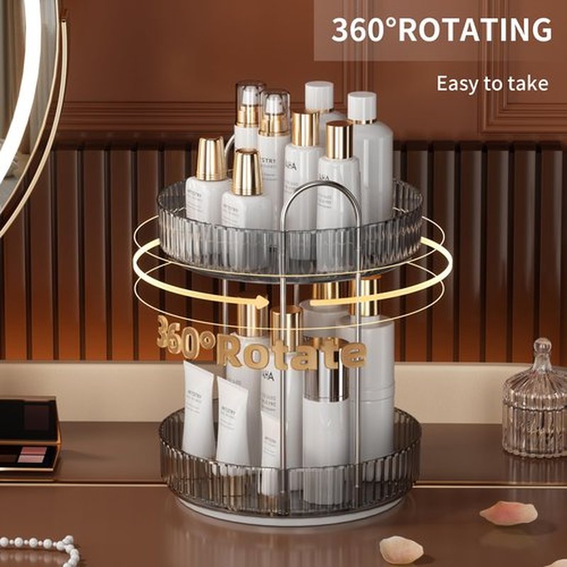 YCIA&DONE 360 Rotating Makeup Organizer and Storage for Vanity Countertop 2 Tiers, High Capacity Cosmetic Skincare Perfume Organizer for Dresser Bathroom Lazy Susan Organizer(Smoky Gray)