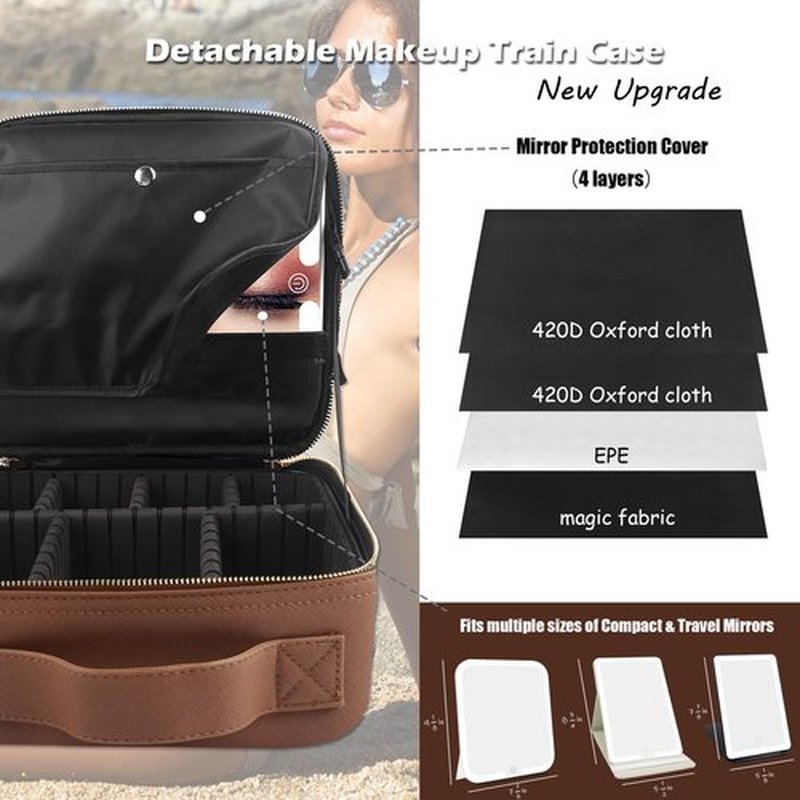 MOMIRA Travel Makeup Bag Cosmetic Bag with Lighted Mirror, Adjustable Brightness in 3 Color Scenarios, Waterproof, 10x Magnifying Mirror, Rotatable Independent Light Mirror- Brown(Solid)