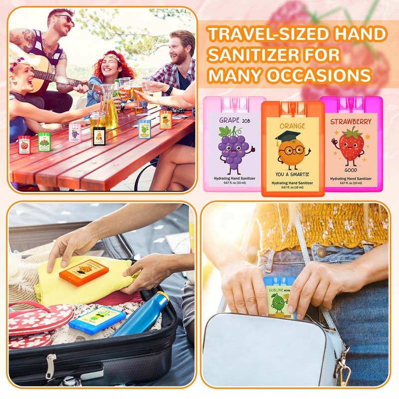 Frienda 24 Pack Graduation Party Favors Positive Hand Sanitizer Spray Bulk Portable Travel Size Mist Hydrating with Scented Essential Oils Mini Pun Motivational Gift for Women Teacher Employee, 0.67fl