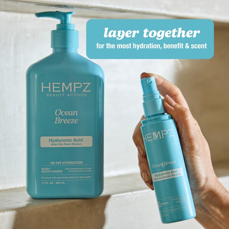 Hempz Ocean Breeze Body Moisturizer Spray, Hydrating Lightweight Mist with Hyaluronic Acid, Travel Friendly, 3.4 fl.oz.