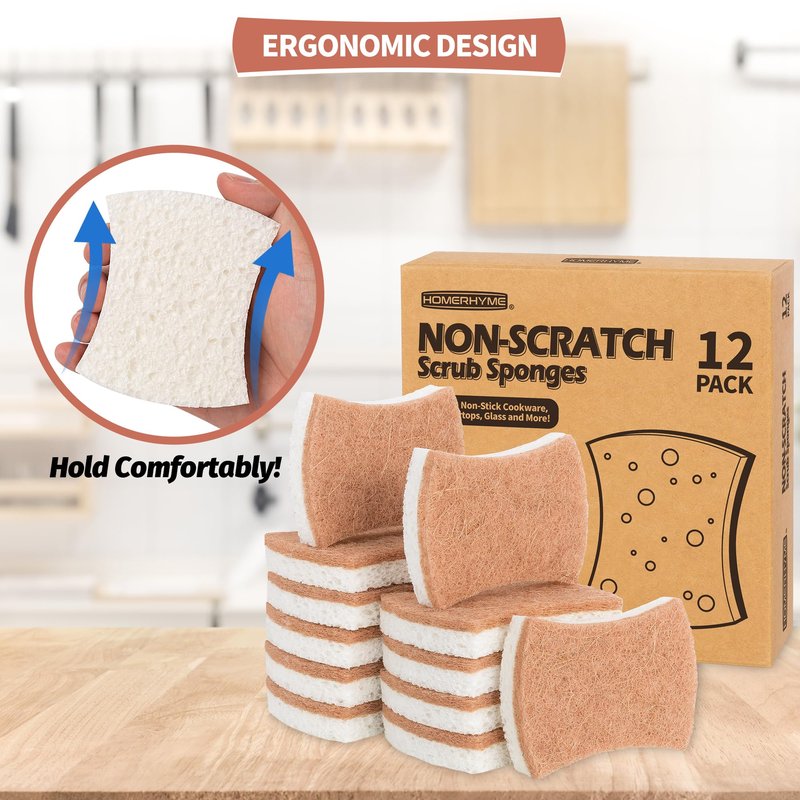 HOMERHYME Natural Dish Sponge 12 Pack, Non-Scratch Scrub Kitchen Sponge, Eco Multipurpose, Odor-Less Dual-Sided for Dish Washing & Household Cleaning