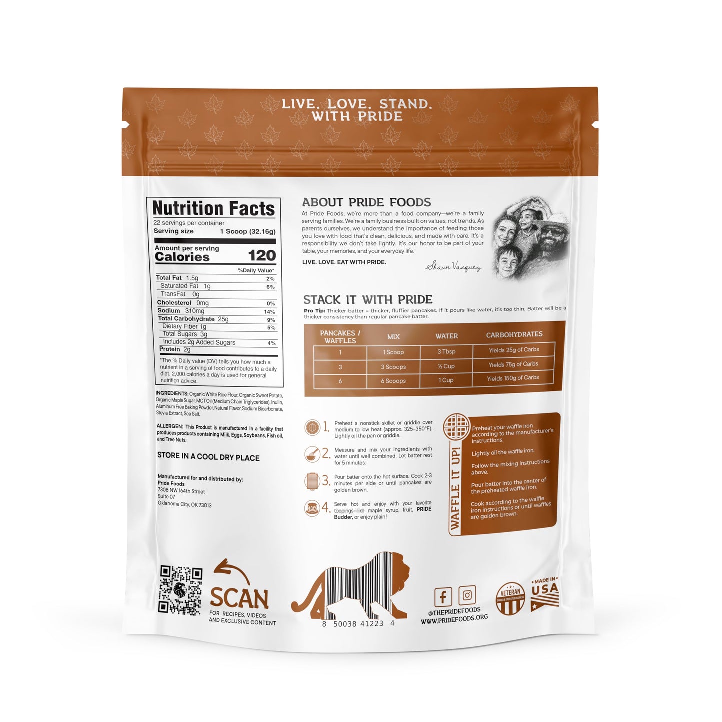 Pride Stacks Pancake & Waffle Mix - Organic Rice & Sweet Potato Blend, Maple Syrup