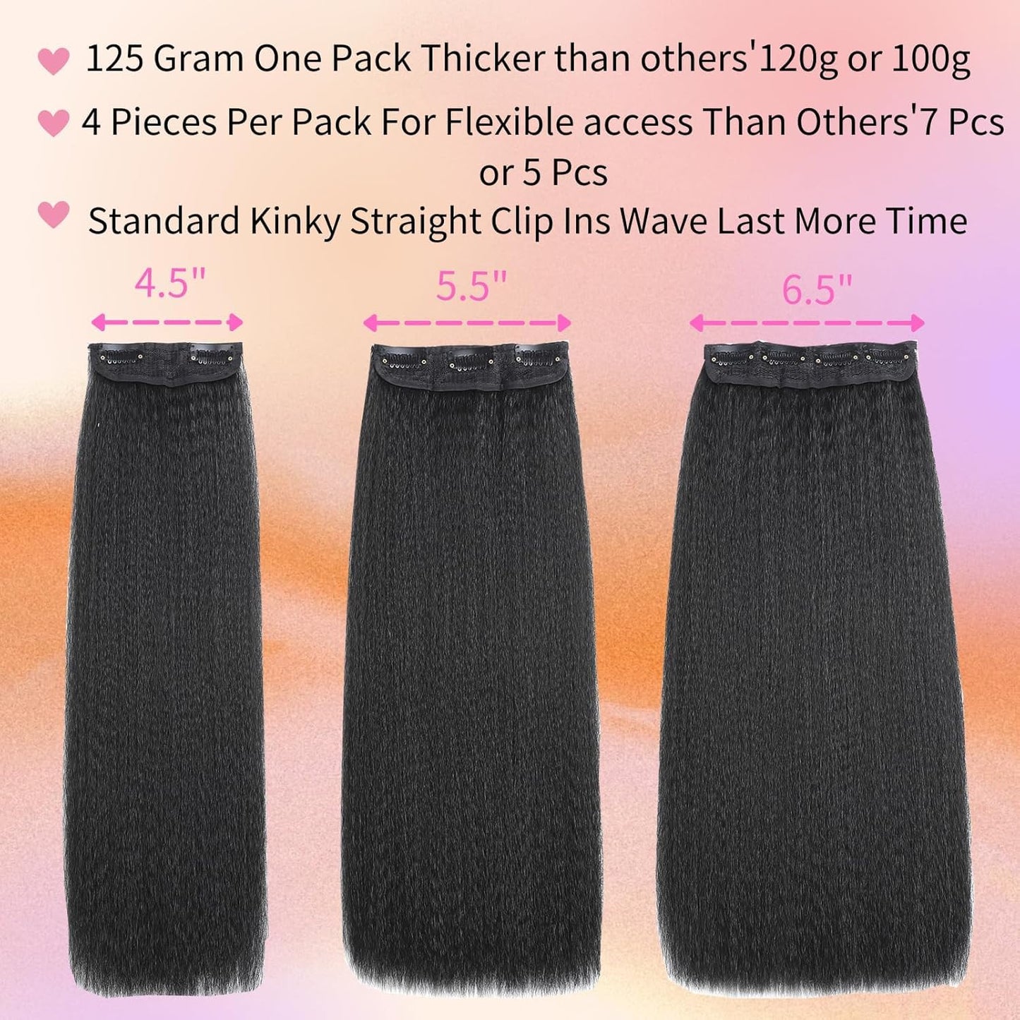 28inch Kinky Straight Clip ins Hair Extensions for Black Women 200g/Pack Full Head Yaki Kinky Straight Synthetic Hair Clip ins Hair Natural Black 4Pcs 11 Clips