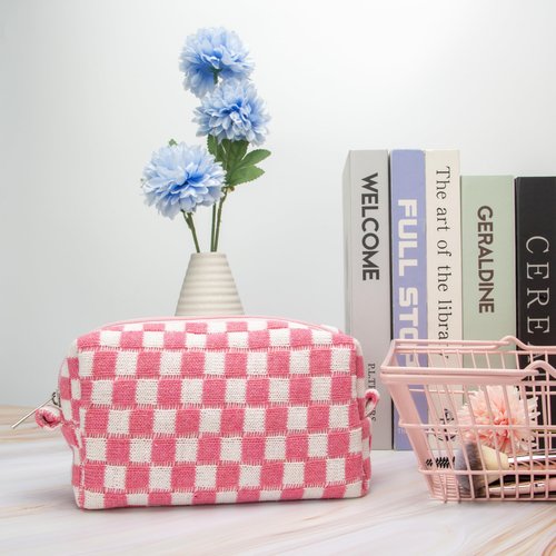 PAZIMIIK Checkered Makeup Bag for Purse Portable Zipper Make Up Pouch Small Cosmetic Case for Travel Accessories Pink White