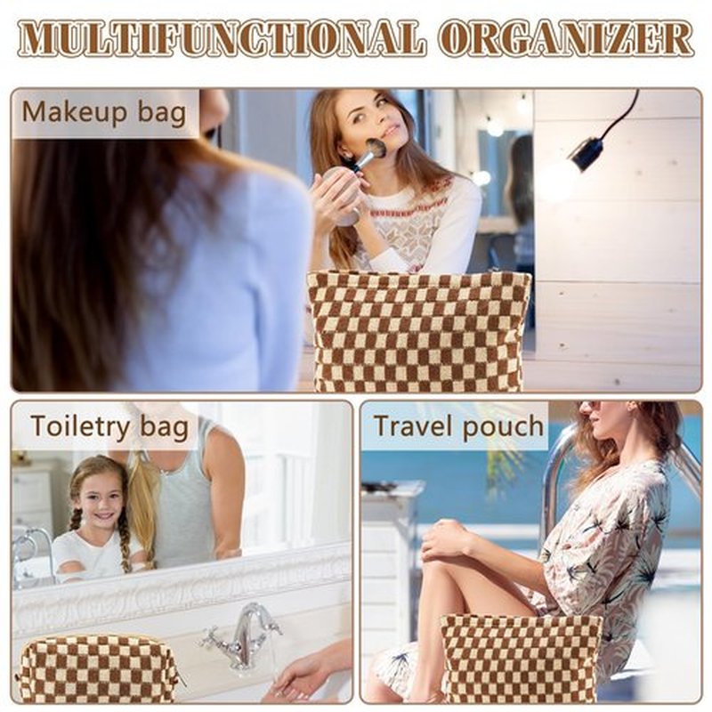 ZLFSRQ 3Pcs Checkered Makeup Bag for Women Large Cosmetic Bag Set Travel Toiletry Bag Makeup Pouch Bag for Purse Brown Zipper Storage Bag Organizer Cute Small Aesthetic Girls Car Essentials Bag