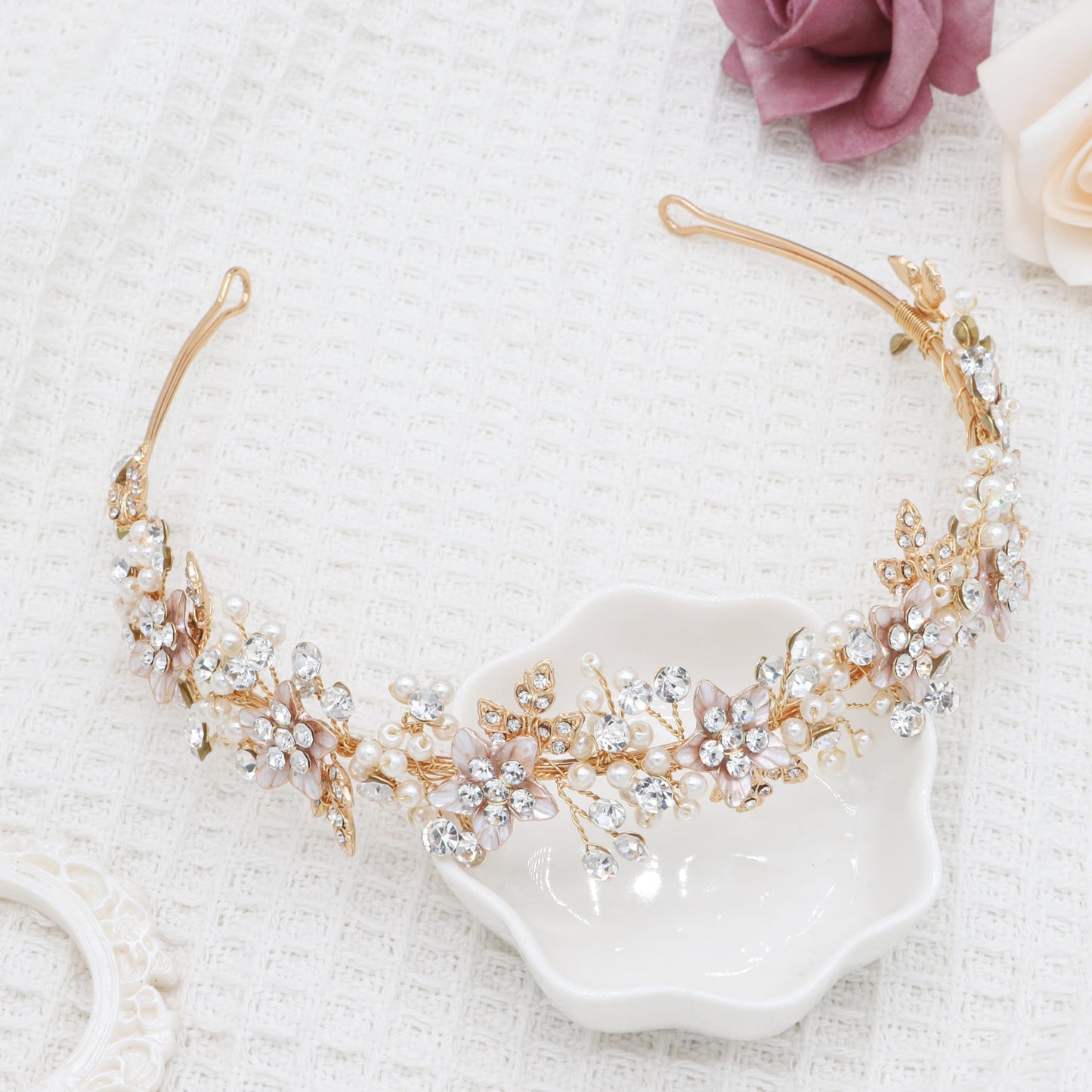 Oriamour Wedding Headbands Bridal Pearl and Crystal Floral Hair Accessories Bridal Headpieces For Bride Women Party Prom (Gold, 18'')