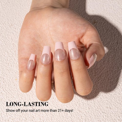 MelodySusie Semi Cured Gel Nail Strips (Pink French Tips)- Works with Nail lamp, Salon-Quality, Long Lasting, Easy to Apply & Remove - Includes 20Pcs, 2 Prep Pads, Nail File & Wooden Stick