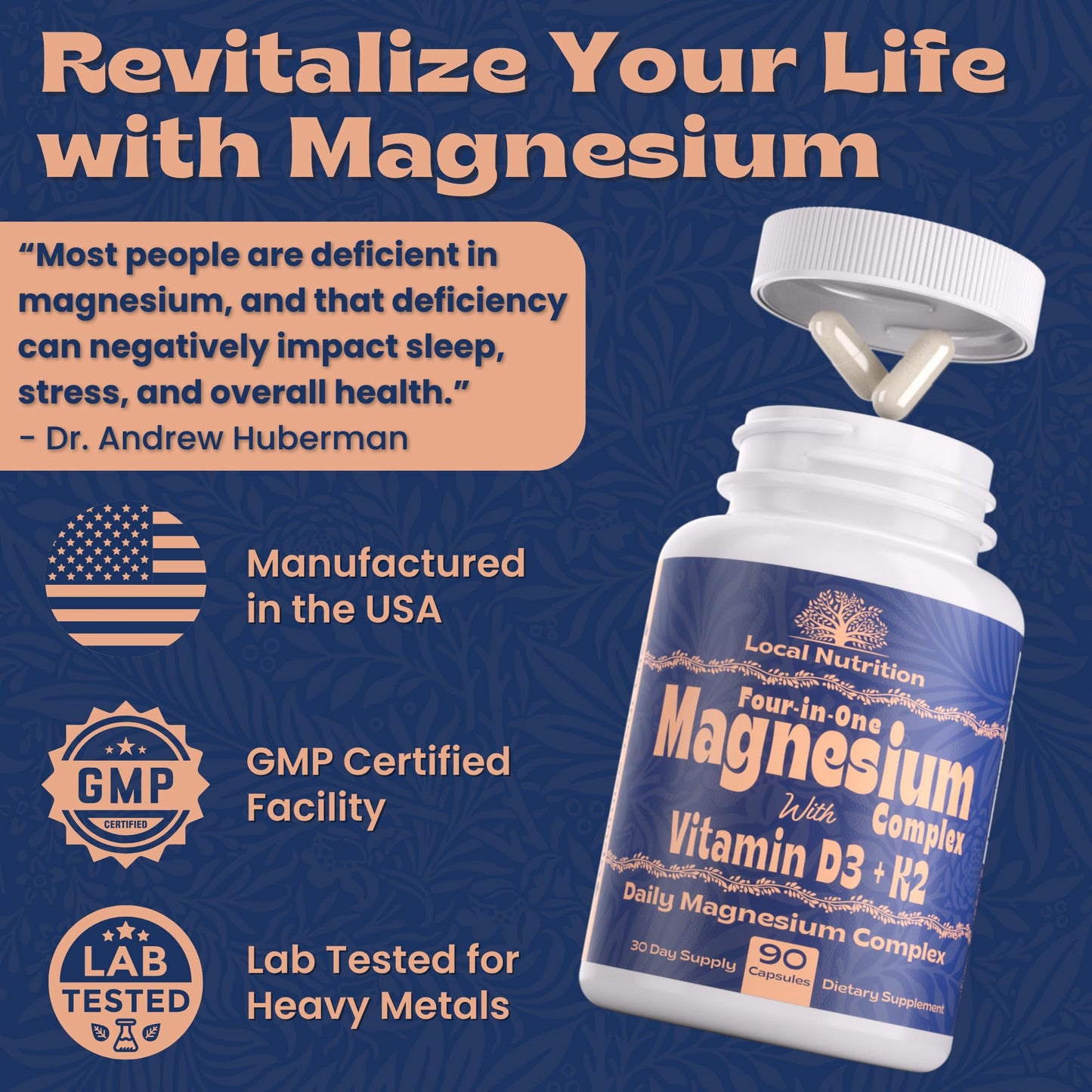 Local Nutrition Magnesium Complex 420mg with Vitamin D3 K2 - Four Bioavailable Forms Including Bisglycinate (Glycinate), Malate, Taurate, and Chloride for Superior Absorption - 90 Capsules Made in USA