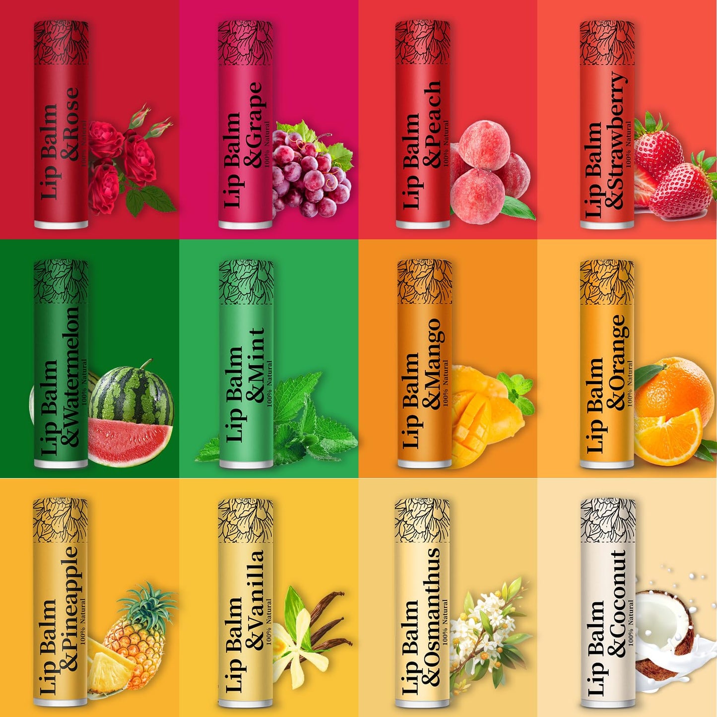 RBUGR 84 Pack of Lip Balm, 12 Flavored Lip Balms Natural Organic Vitamin E Lip Balm Pack for Dry Cracked Lips, Moisturising Lip Balm Bulk Gifts Stocking Stuffers Party Favors(4.2g/0.15oz)
