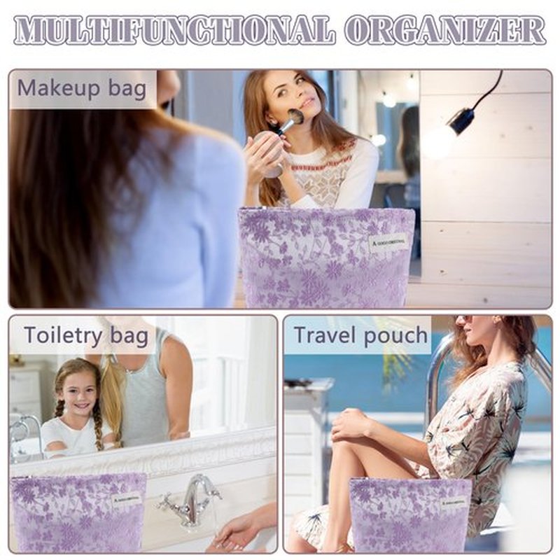 ZLFSRQ Daisy Flower Makeup Bag Travel Cute Floral Cosmetic Bags for Women Large Makeup Pouch Zipper Cosmetic Pouch for Purse Aesthetic Embroidery Purple Makeup Organizer Bag Portable Toiletry Bag