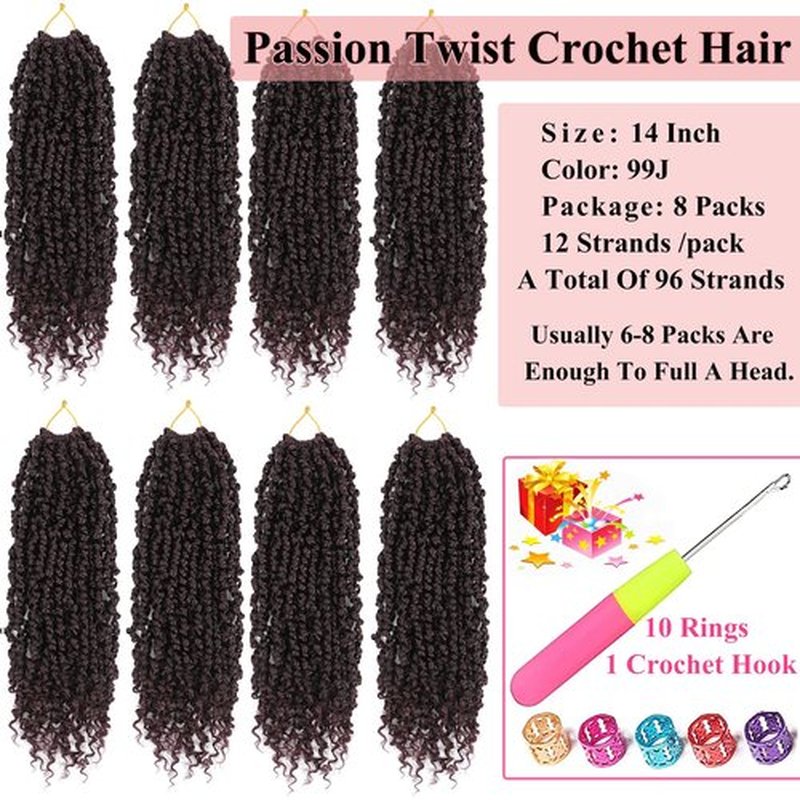 Alrence Passion Twist Crochet Hair 8 Packs Pre twisted Passion Twist Hair For Women Soft Bohe Pre-looped Crochet Braids (14 Inch (Pack of 8), 99J#)