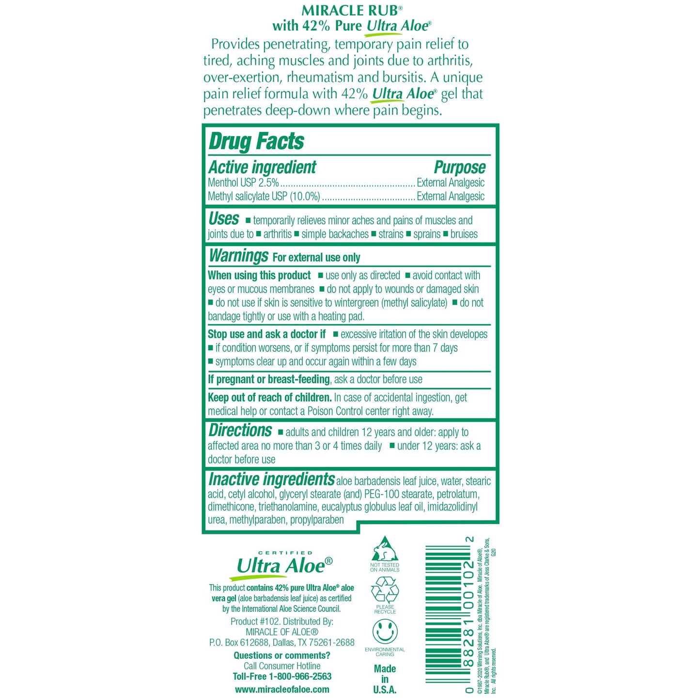 Miracle of Aloe Miracle Rub Pain Relieving Cream 8 oz – 42% UltraAloe Fast Acting Formula for Muscle & Joint Discomfort