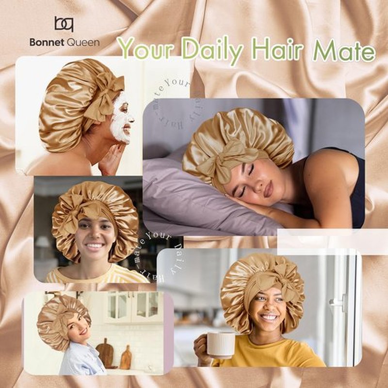 BONNET QUEEN Large Satin Bonnet Silk Bonnet for Sleeping Women Hair Bonnet Big Bonnet Night Sleep Cap Scarf Wrap for Curly Hair with Tie Band Yellow Gold