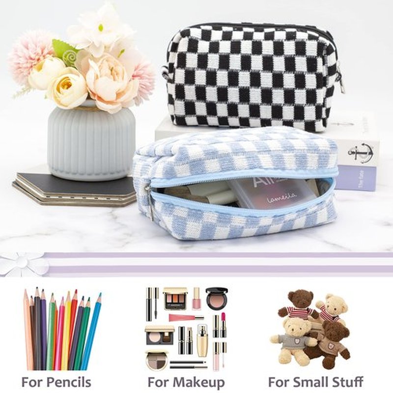 PAZIMIIK Checkered Makeup Bag for Purse Portable Zipper Make Up Pouch Small Cosmetic Case for Travel Accessories (2PCS Blue Light Green)