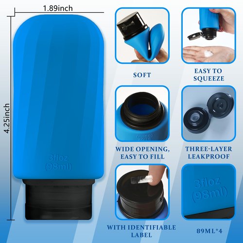 Portable Silicone Travel Bottles Set for Toiletries, 4 Pack TSA Approved Travel Size Containers with Toiletry Bag, 3oz Leak Proof Refillable Liquid Travel Accessories for Shampoo Conditioner