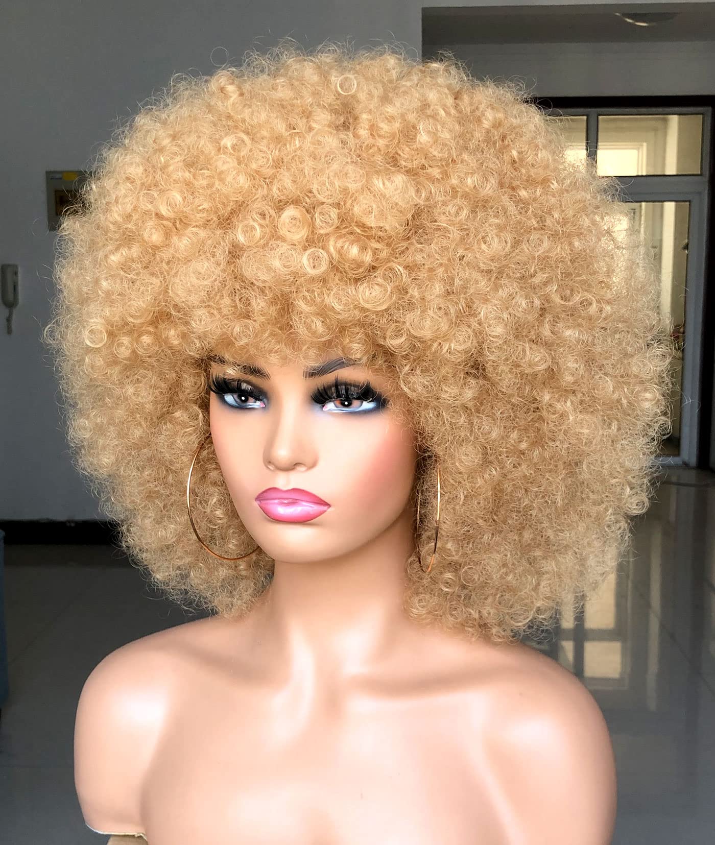 HIHOO Short Afro Wig with Bangs for Black Women Afro Kinky Curly Wig 70s Premium Synthetic Big Afro Wig(Blonde)