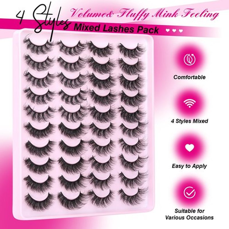 JIMIRE False Eyelashes Volume Fluffy Faux Mink Lashes 6D 14mm-18mm 4 Styles Mixed Wispy False Lashes Dramatic Look Fake Eyelashes 20 Pairs Multipack