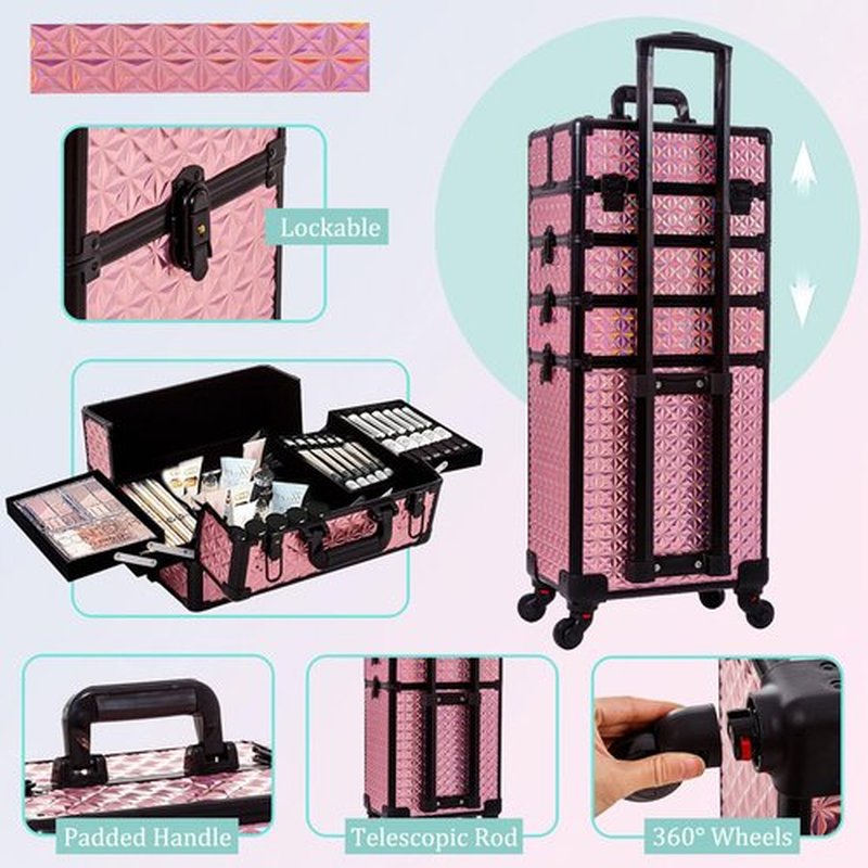 AROUS 5 in 1 Professional Makeup Train Case Aluminum Cosmetic Case Rolling Makeup Case Extra Large Trolley Makeup Travel Organizer, with 360° Swivel Wheels, Pink, JG0001