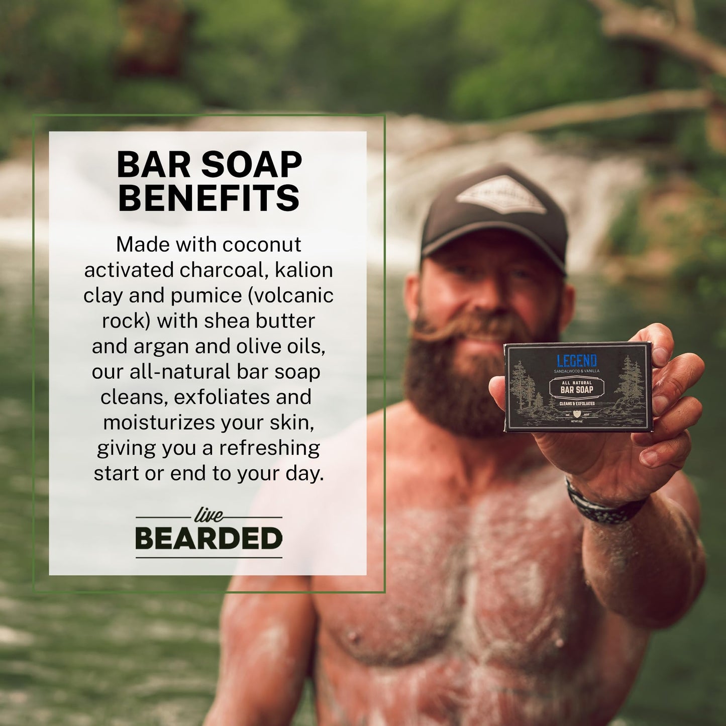Live Bearded All-Natural Bar Soap for Men, 3-Pack of 5 oz - Made in the USA - Exfoliates and Moisturizes - Charcoal, Pumice, Shea Butter | Legend Scent - Sandalwood, Vanilla