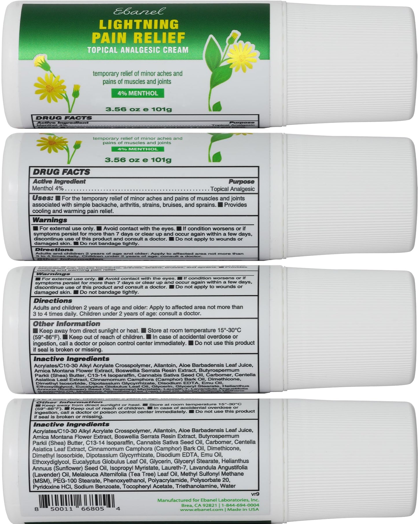 Ebanel Menthol Arnica Gel Pain Relief Cream Roll On with Camphor, Hemp Oil