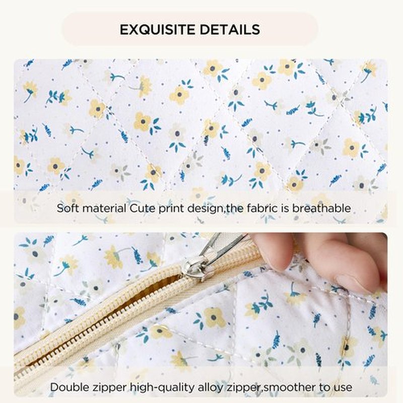HBselect 2Pcs Quilted Makeup Bag Cute Makeup Bag Organizer Travel Cosmetic Bag Aesthetic Coquette Cotton Floral Make up Bag Toiletry Bags for Women Girls