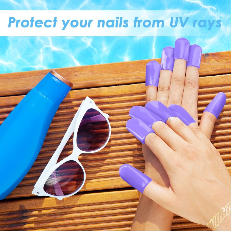 Loopeer 50 Pcs 0.94 x 1.57'' Tanning Finger Tips UV Protection Nail Protector Polish Protector for Fingers PVC Covers Gel Nail Remover Caps Sleeves for Tanning Beds UV Rays(Purple)