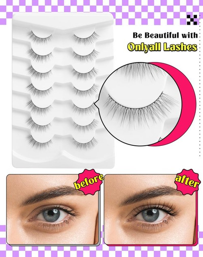 Onlyall Natural Lashes Wispy Lashes Natural Look False Eyelashes Natural Flared Eyelashes False Eye Lashes Soft Fluffy Lashes 7 Pairs DK32