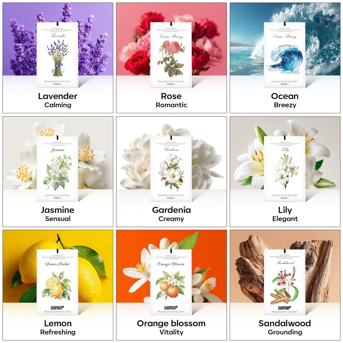 MYARO 12 Pack Assorted Floral Scented Sachets - Lavender, Rose, Jasmine, Ocean, Gardenia & Lily | Drawer, Closet & Car Air Freshener Bags | Multi-Scent Home Fragrance Gift Set