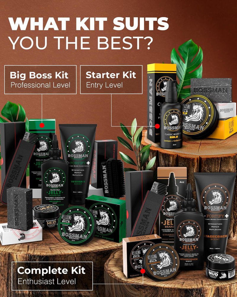 Bossman Complete Beard Kit for Men - Dad Gifts for Father's Day, Men's Beard Oil Jelly, Fortifying Shower Conditioner, Balm, Mustache Wax & Comb – Beard Softener & Grooming Care - (Magic Scent)