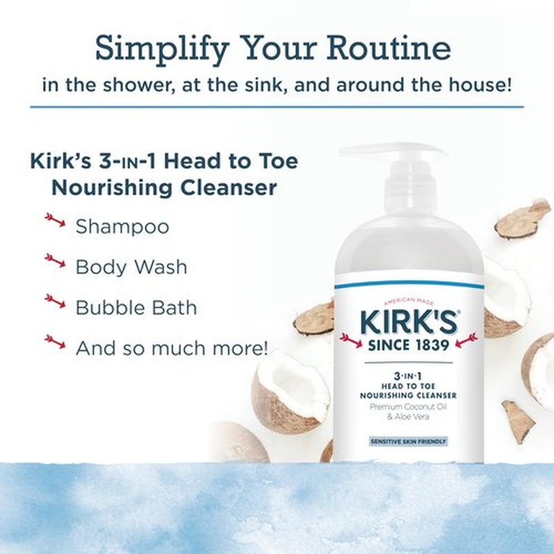 Kirk's 3-in-1 Head to Toe Nourishing Liquid Cleanser- for Men, Women & Children - Premium Coconut Oil & Aloe Vera- Non GMO & Vegan -Original Fresh Scent - 32 Fl Oz