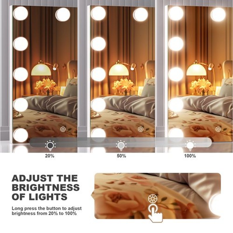 Hasipu Vanity Mirror with Lights and Bluetooth Speaker, 9.8" x 13.8" Hollywood Mirror with 9 Dimmable Bulbs, Smart Touch 3 Colors Dimmable, 360ยฐ Rotation, White
