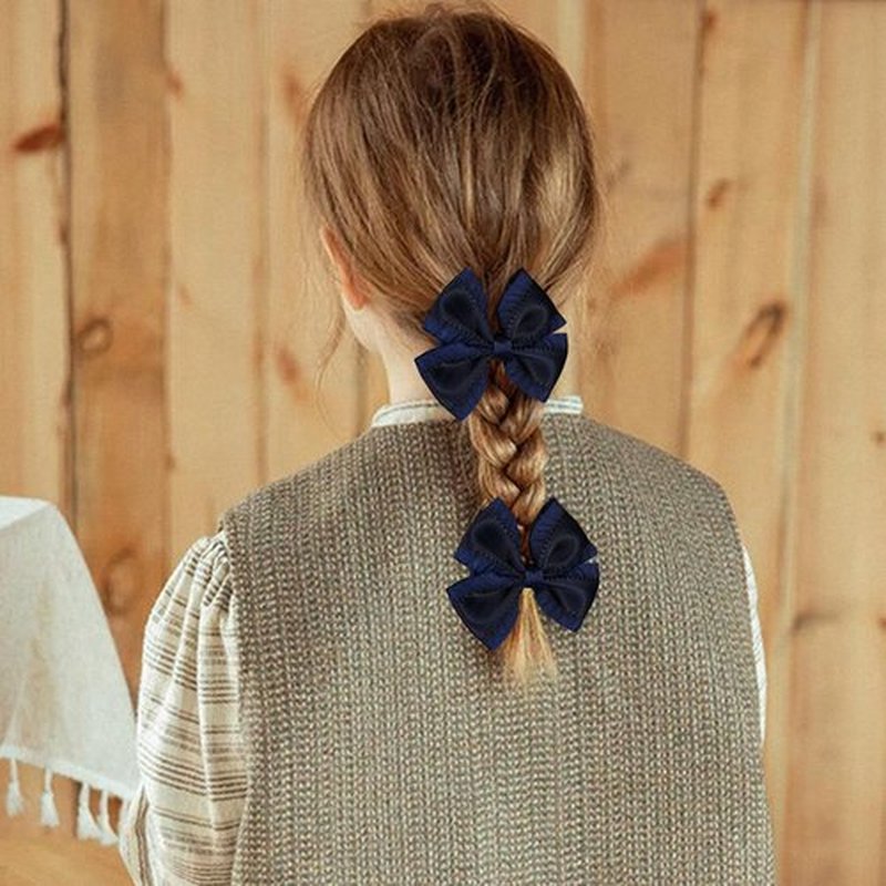 2Pcs Navy Blue Satin Ruffle Ribbon Bow Hair Clips 3inch Small Cute Silky Satin Bowknot Barrettes Alligator Hairpins Wedding Dress Accessories for Flower Girls Toddlers Teens Kids