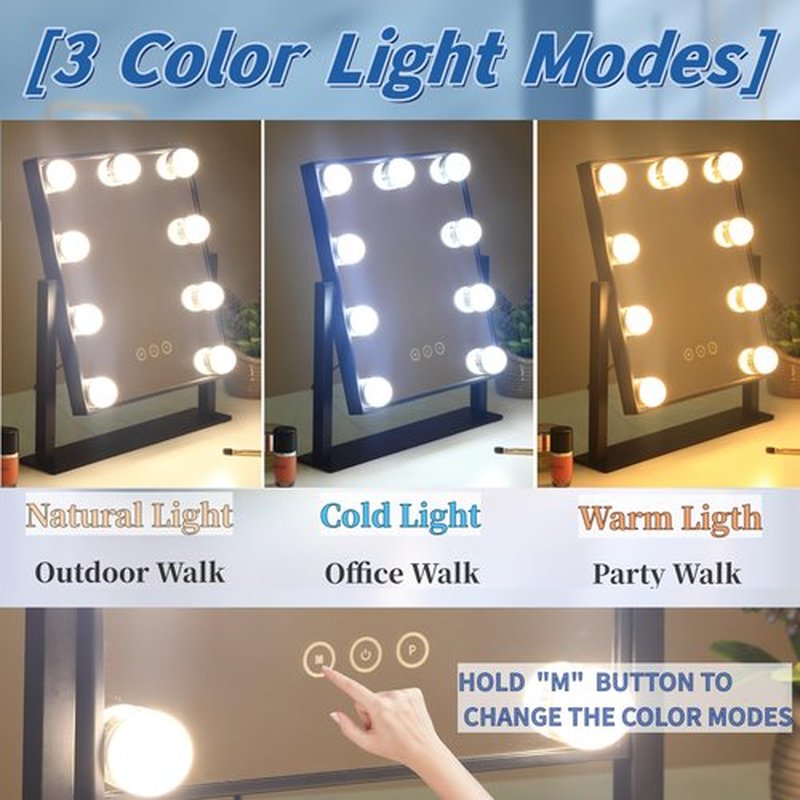 Acoolda Vanity Mirror with Lights, Hollywood Vanity Makeup Mirror with 9 Dimmable LED Bulbs, 3 Color Lighting Modes, Detachable 10X Magnification, 360°Rotation,Black