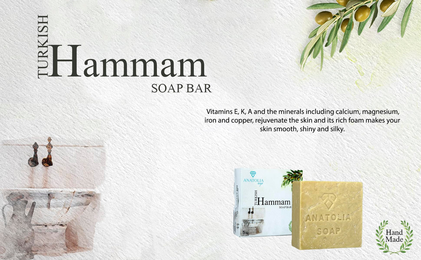 Anatolia Soap, Antioch 5 oz Pure Turkish Hammam Olive Oil For Body, Organic Handmade Natural Castille Body For Men And Women Big Bar Soap 1 Count (pack Of 1)