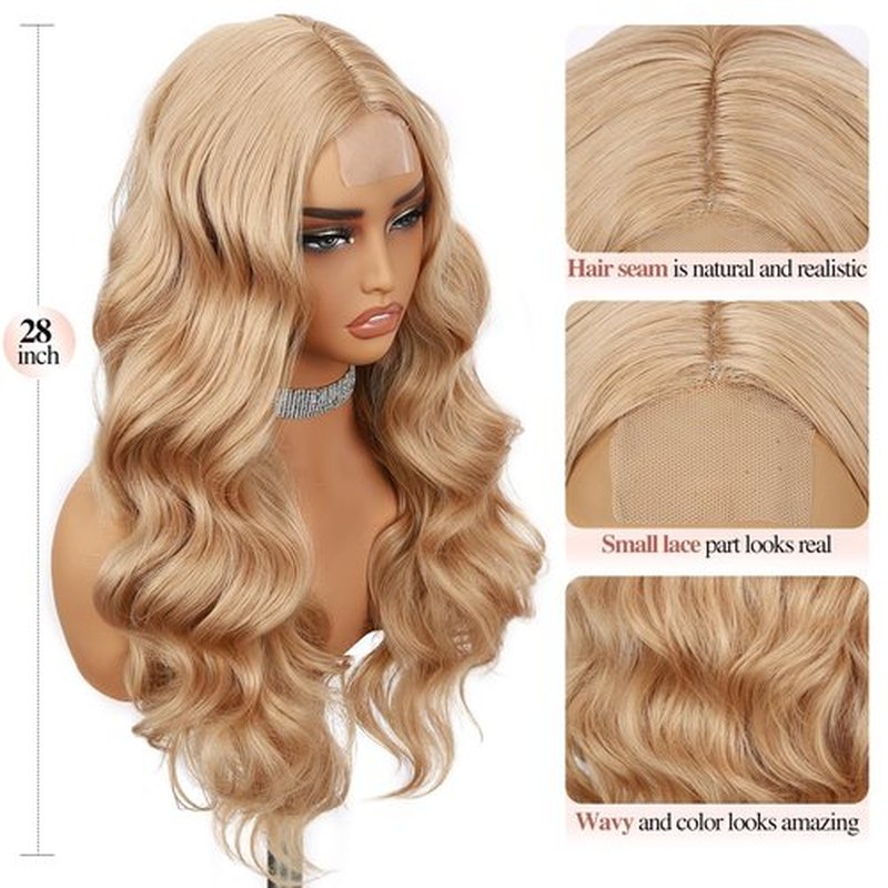 Fancy Hair Blonde Wavy Wigs 28 Inch Long Middle Part Curly Wavy Wig Small Lace Front Mixed Blonde Synthetic Long Wig for Women Cosplay Daily Party Use