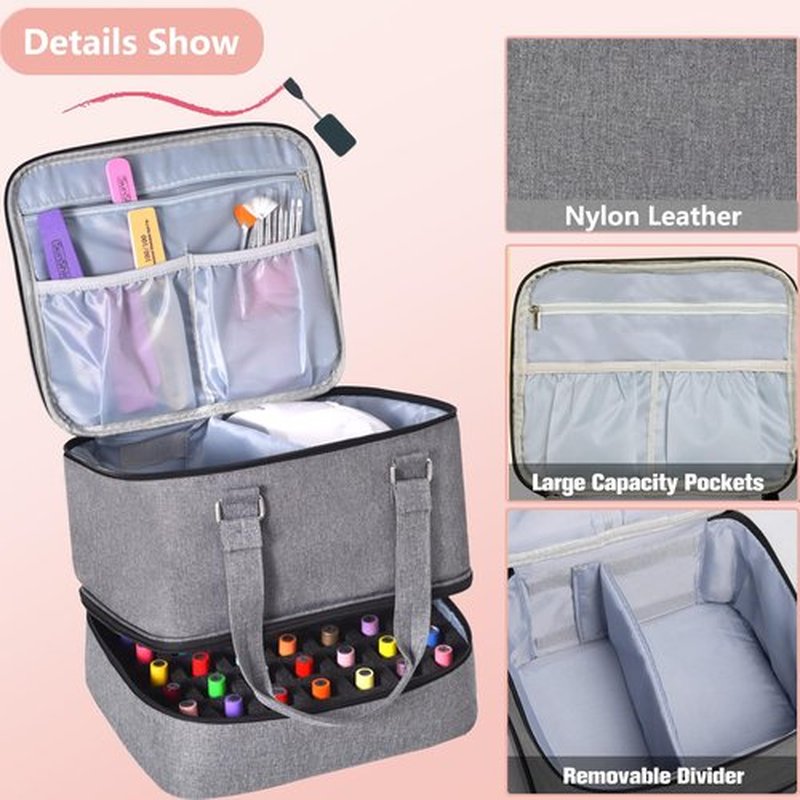 FCQQYWZ Nail Polish Organizer Case - Holds 42+ Bottles (15ml/0.5 fl.oz) and 1 Nail Lamp, Upgraded Double-layer Nail Polish Carrying Case Nail Polish Storage Bag with Handles (Grey)
